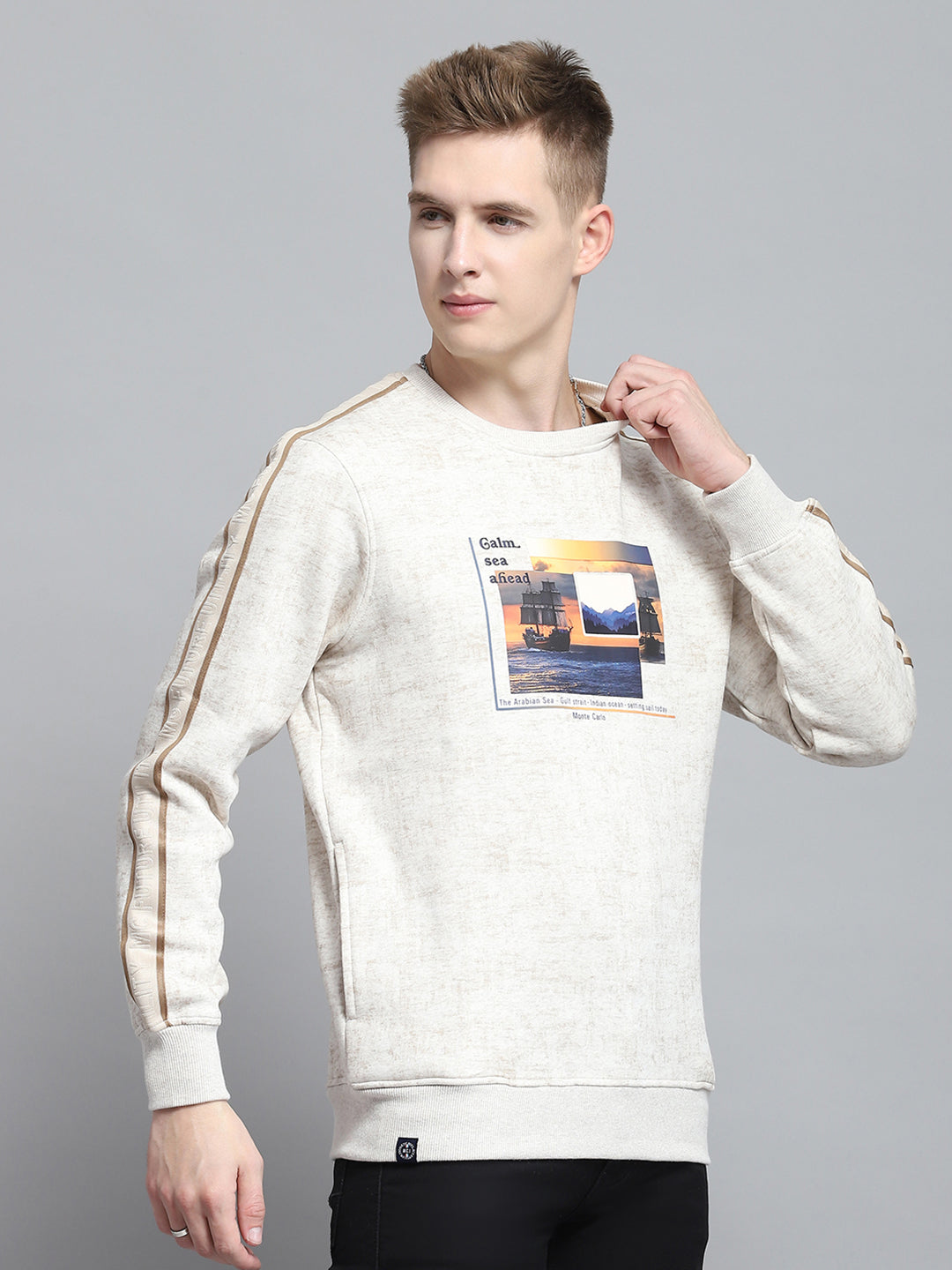 Men Beige Printed Round Neck Full Sleeve Sweatshirt
