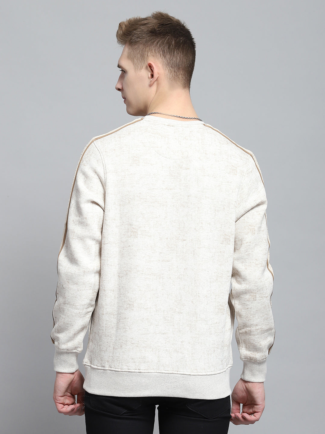 Men Beige Printed Round Neck Full Sleeve Sweatshirt