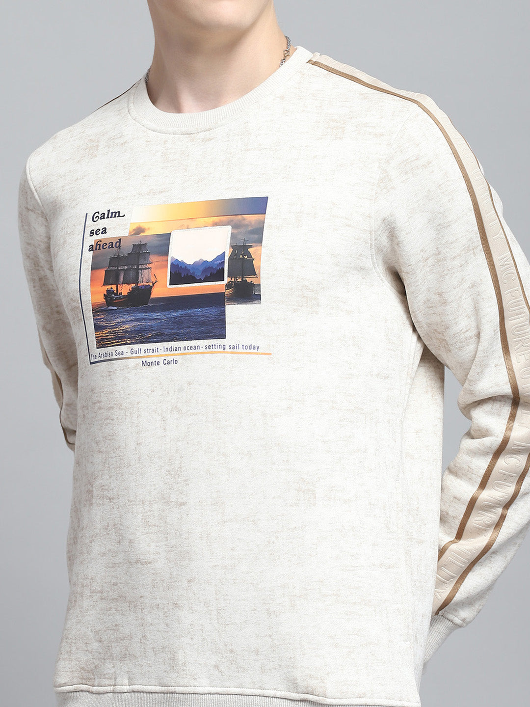 Men Beige Printed Round Neck Full Sleeve Sweatshirt