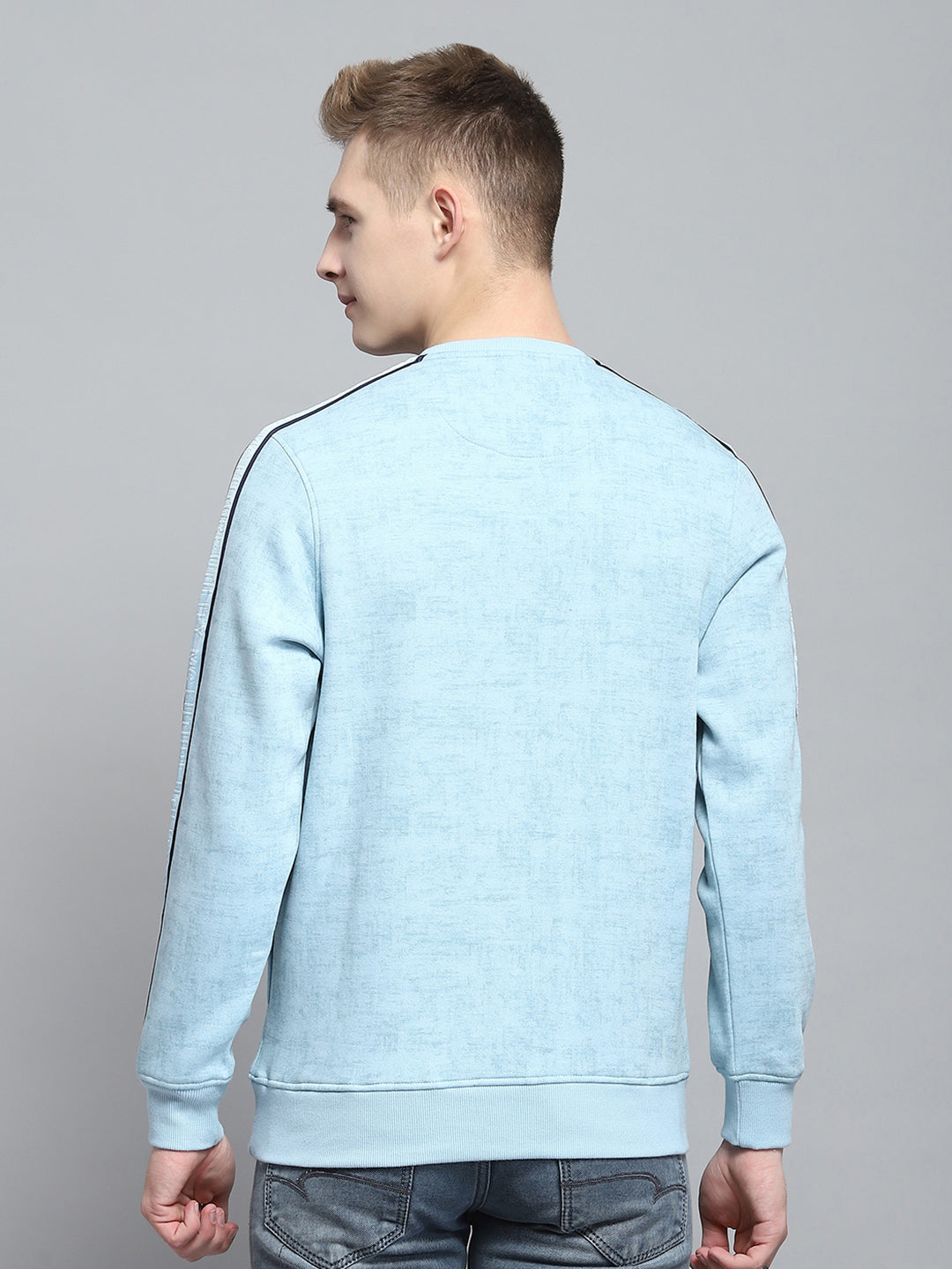 Men Blue Printed Round Neck Full Sleeve Sweatshirt