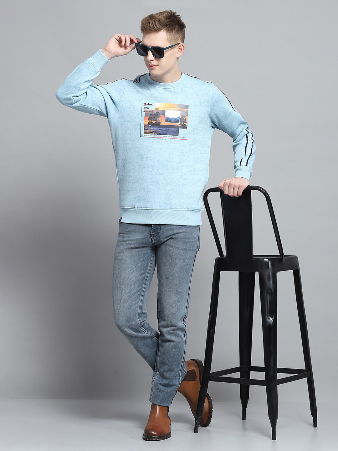 Men Blue Printed Round Neck Full Sleeve Sweatshirt