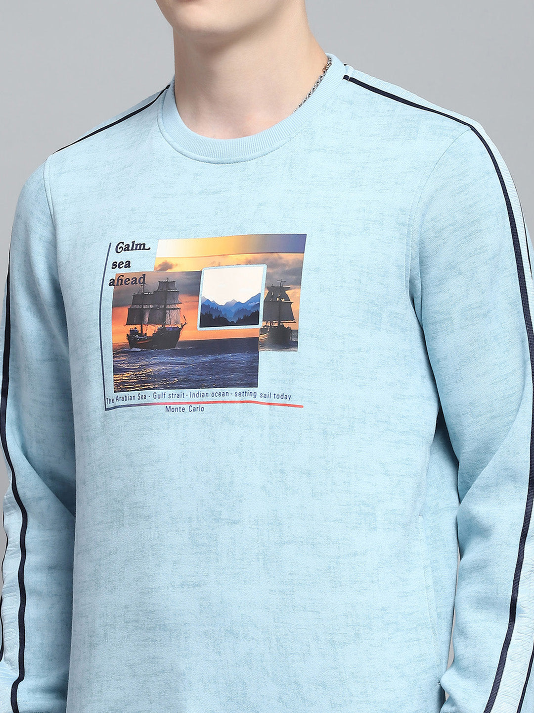 Men Blue Printed Round Neck Full Sleeve Sweatshirt