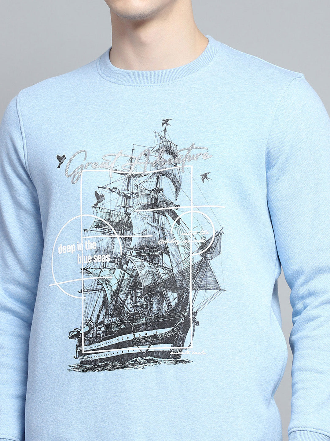 Men Sky Blue Printed Round Neck Full Sleeve Sweatshirt