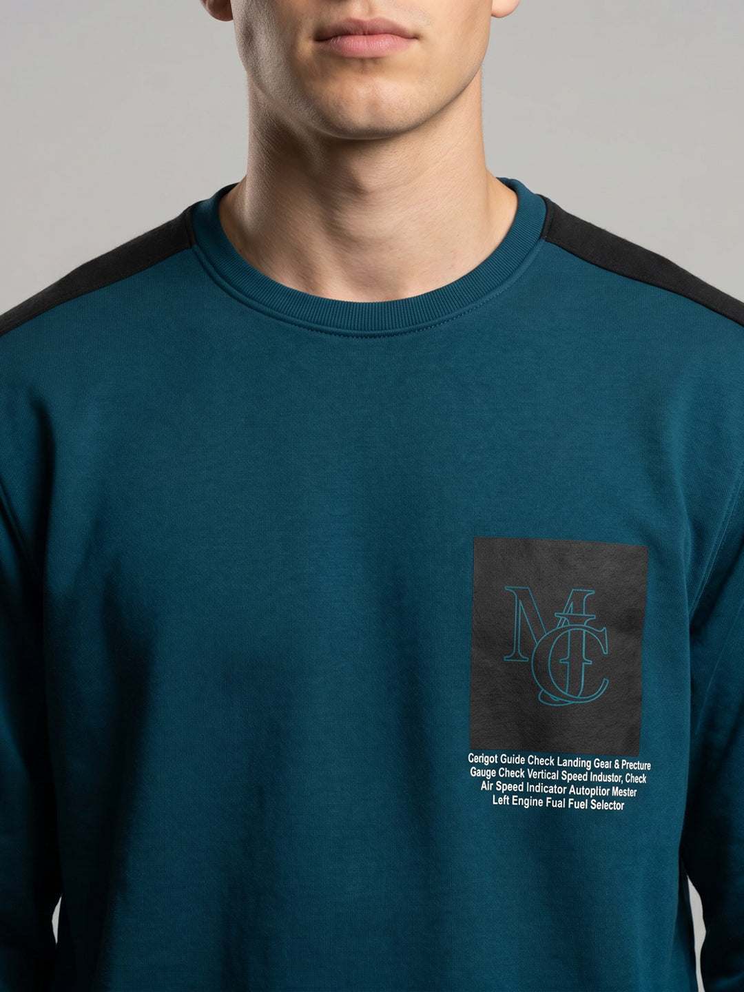 Men Blue Printed Round Neck Full Sleeve Sweatshirt