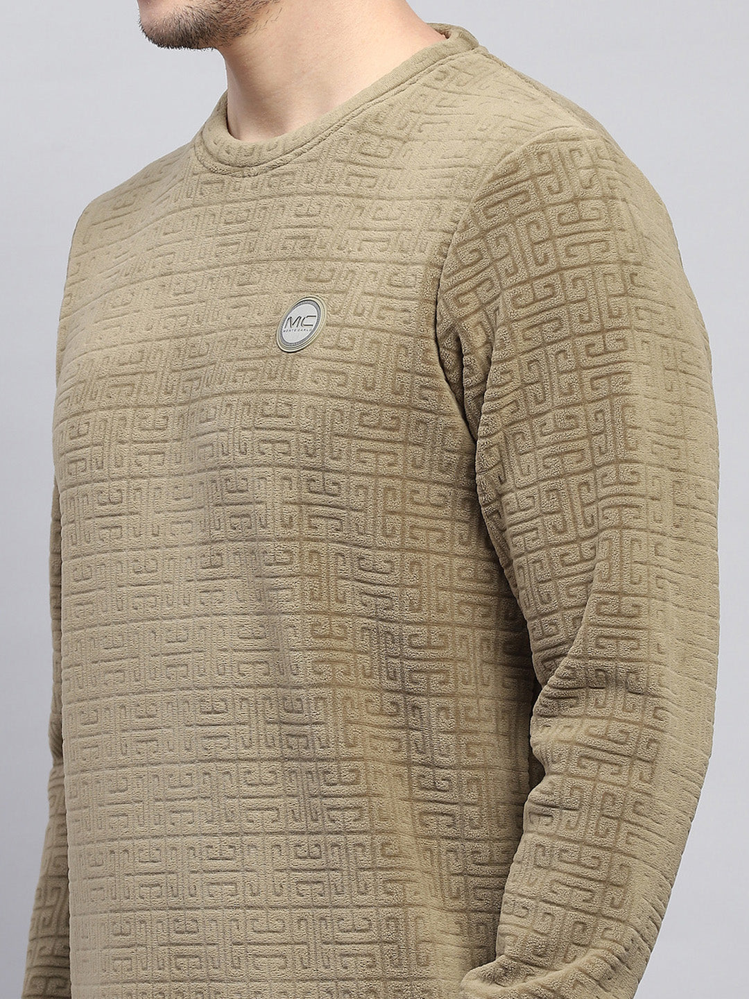 Men Olive Printed Round Neck Full Sleeve Sweatshirt