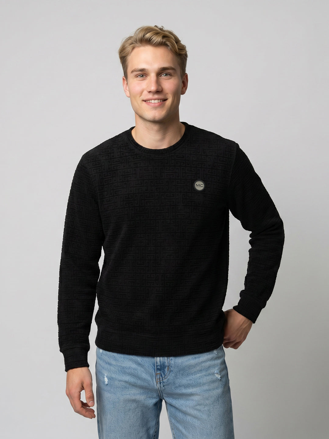 Men Black Printed Round Neck Full Sleeve Sweatshirt