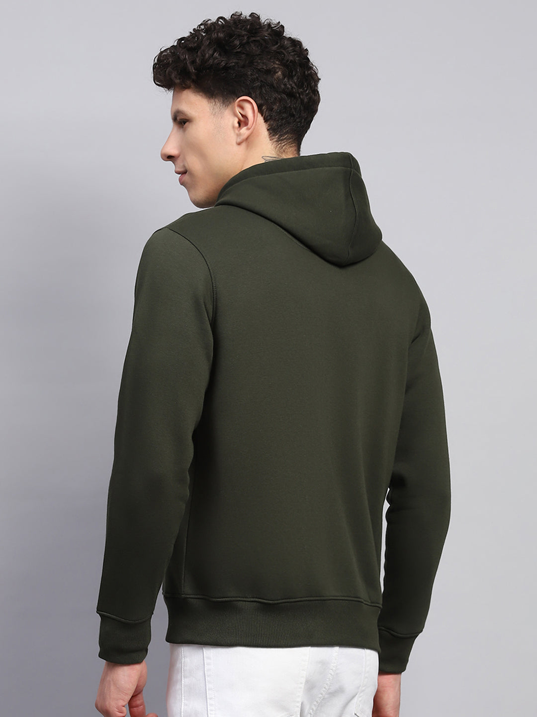 Men Olive Printed Hooded Full Sleeve Sweatshirt