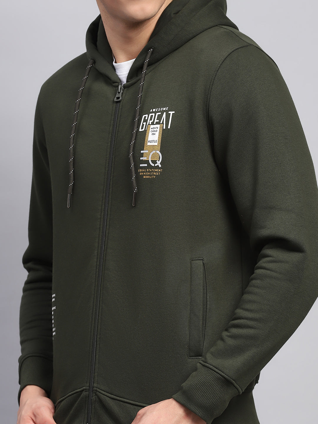 Men Olive Printed Hooded Full Sleeve Sweatshirt