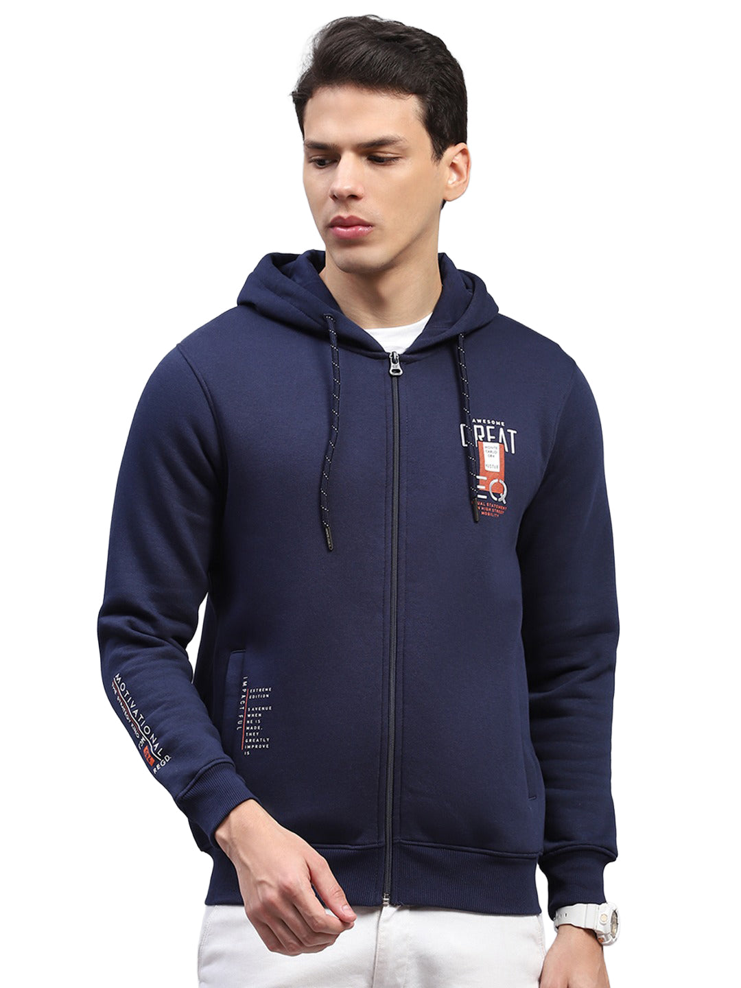 Men Navy Blue Printed Hooded Full Sleeve Sweatshirt