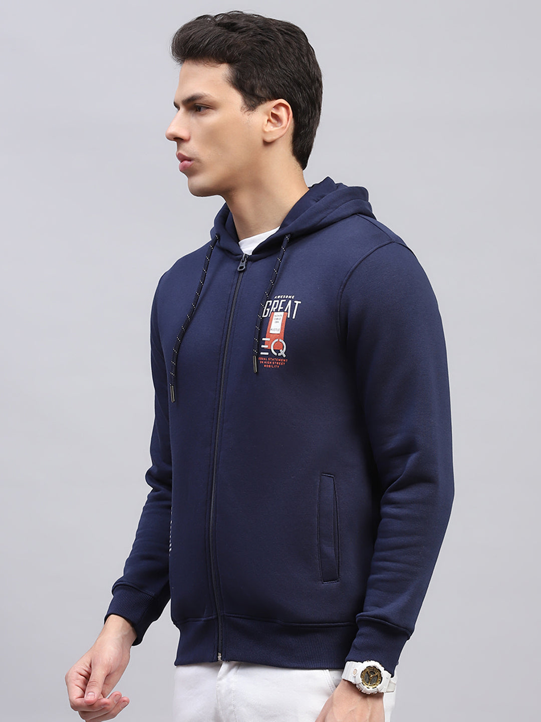Men Navy Blue Printed Hooded Full Sleeve Sweatshirt