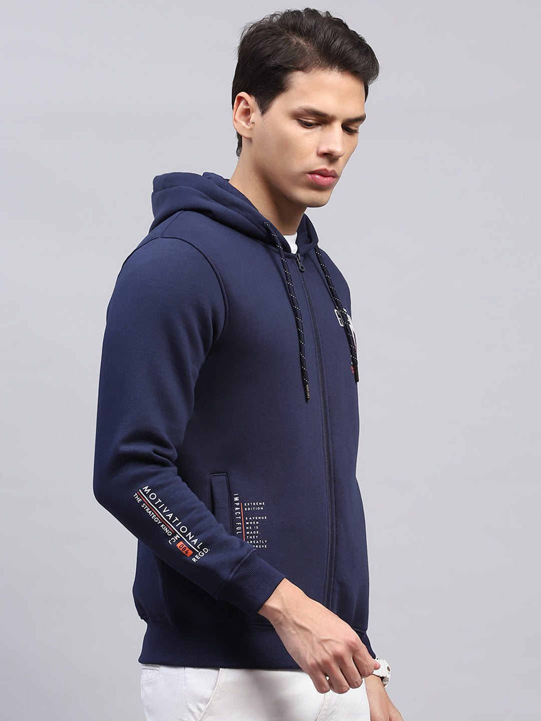 Men Navy Blue Printed Hooded Full Sleeve Sweatshirt