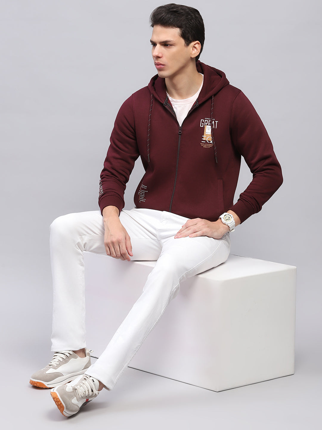 Men Maroon Printed Hooded Full Sleeve Sweatshirt