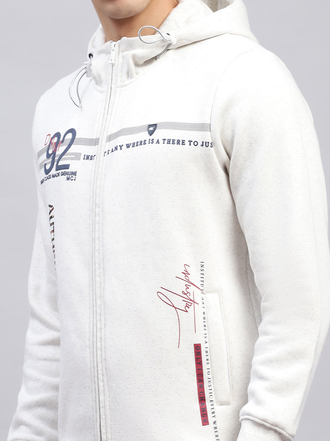 Men White Printed Hooded Full Sleeve Sweatshirt