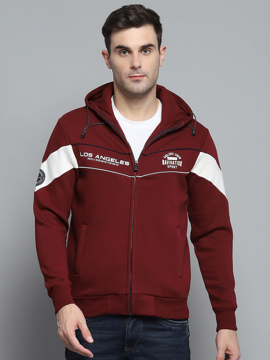 Men Maroon Printed Hooded Full Sleeve Sweatshirt