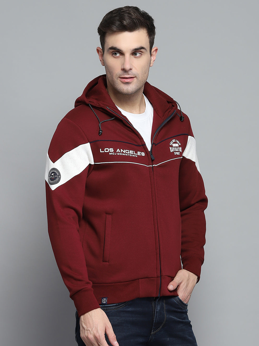 Men Maroon Printed Hooded Full Sleeve Sweatshirt