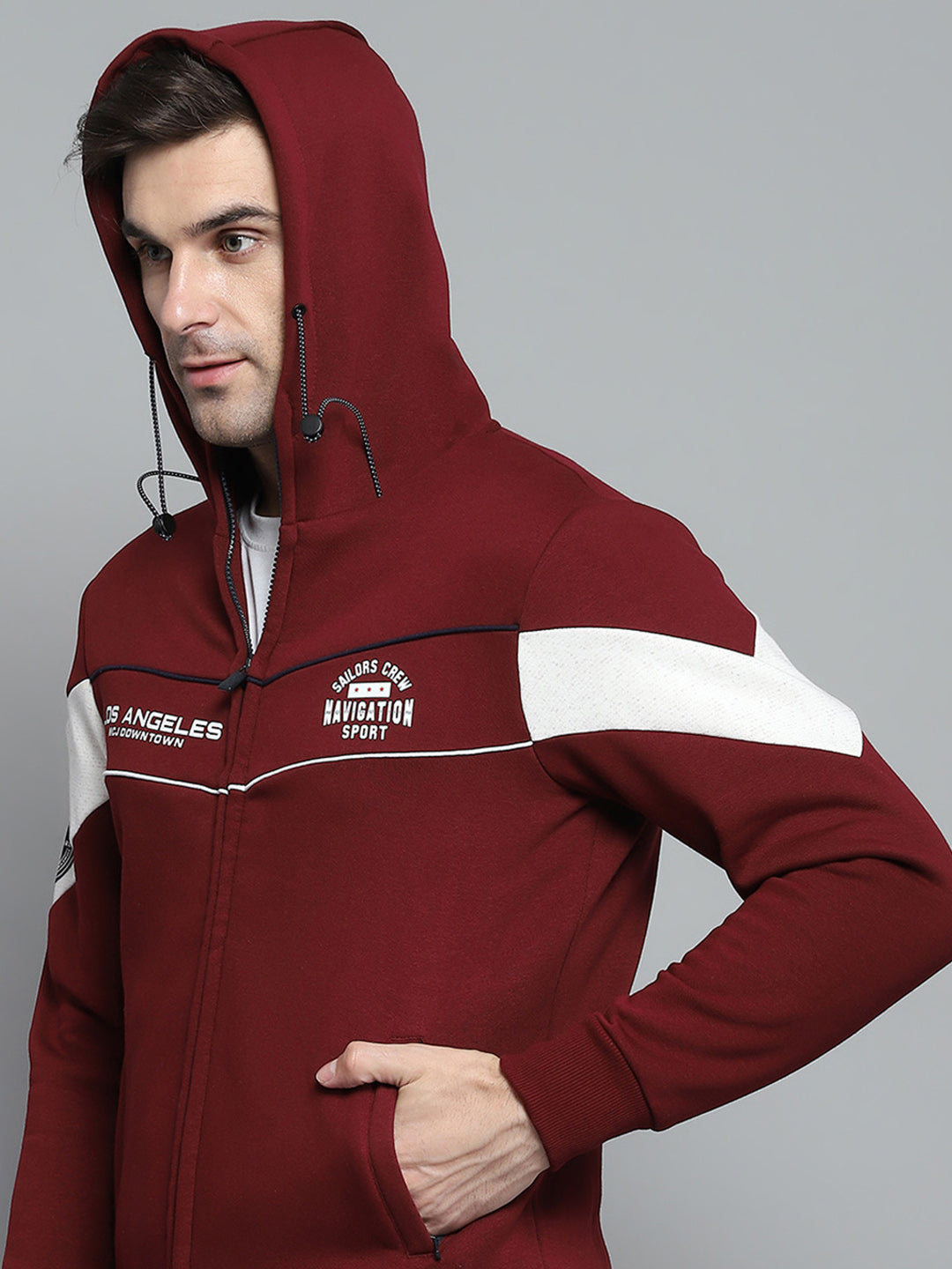 Men Maroon Printed Hooded Full Sleeve Sweatshirt