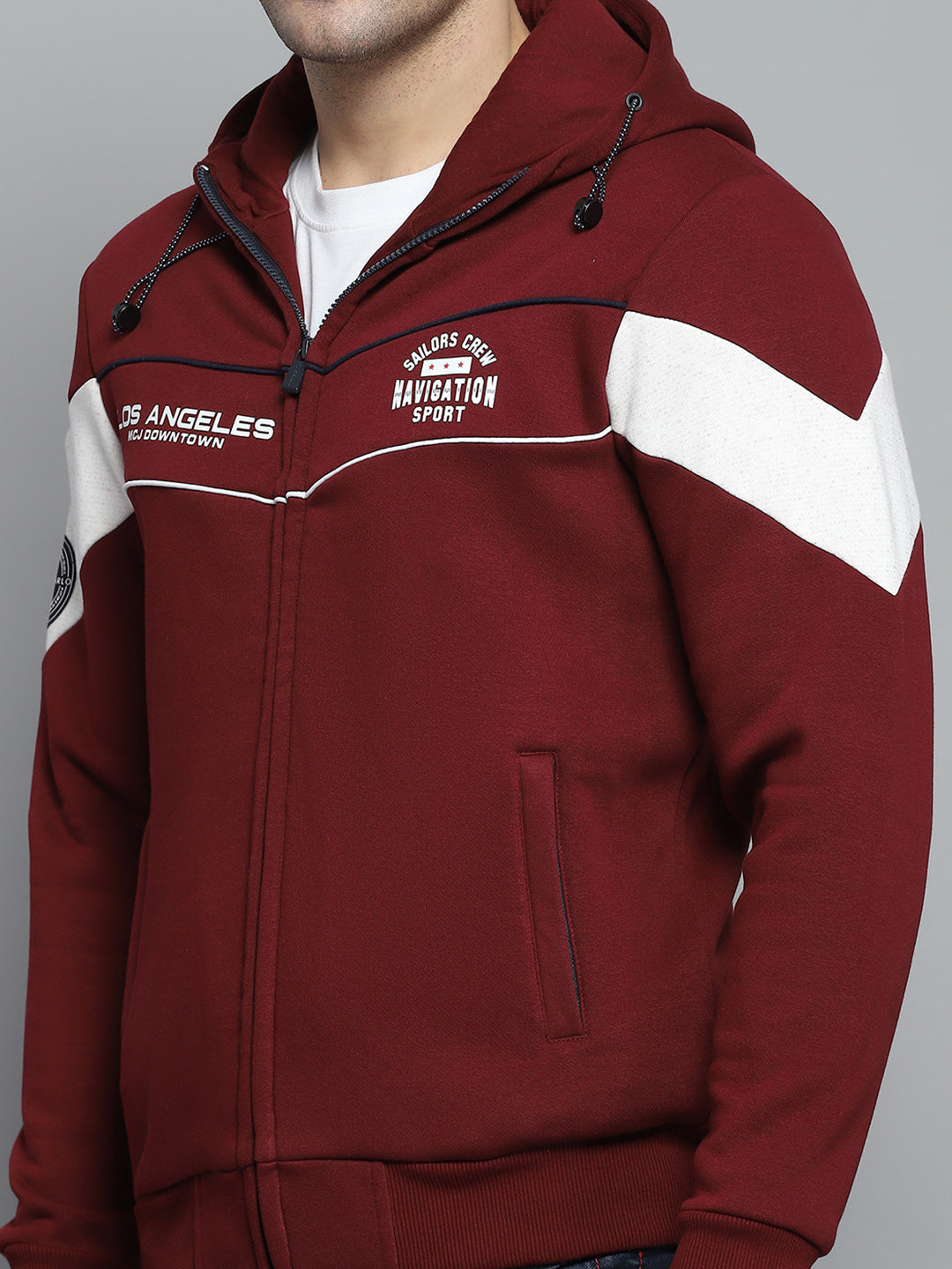 Men Maroon Printed Hooded Full Sleeve Sweatshirt