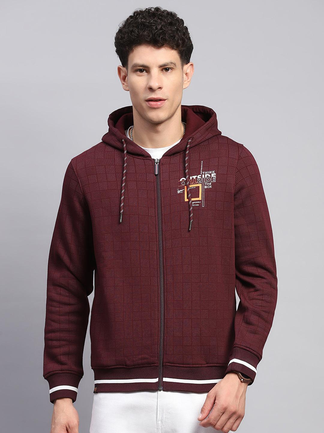 Men Maroon Printed Hooded Full Sleeve Sweatshirt