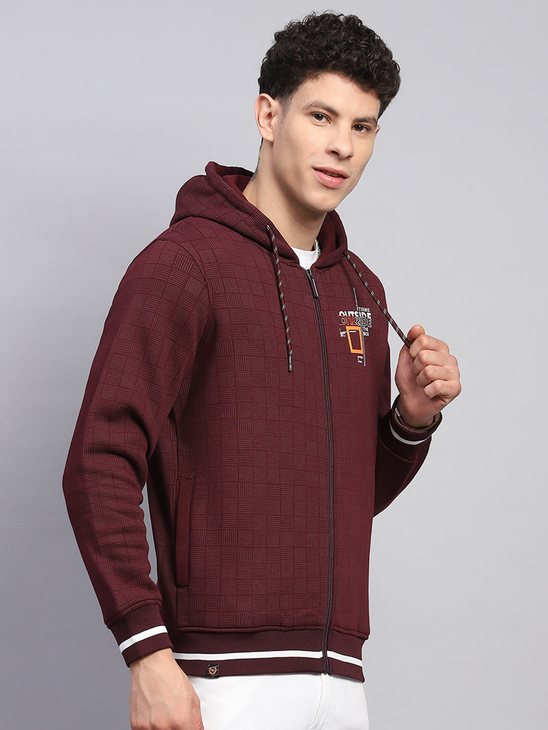 Men Maroon Printed Hooded Full Sleeve Sweatshirt