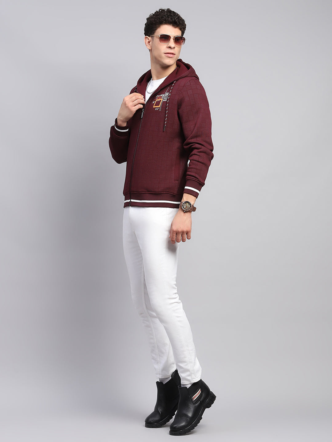 Men Maroon Printed Hooded Full Sleeve Sweatshirt