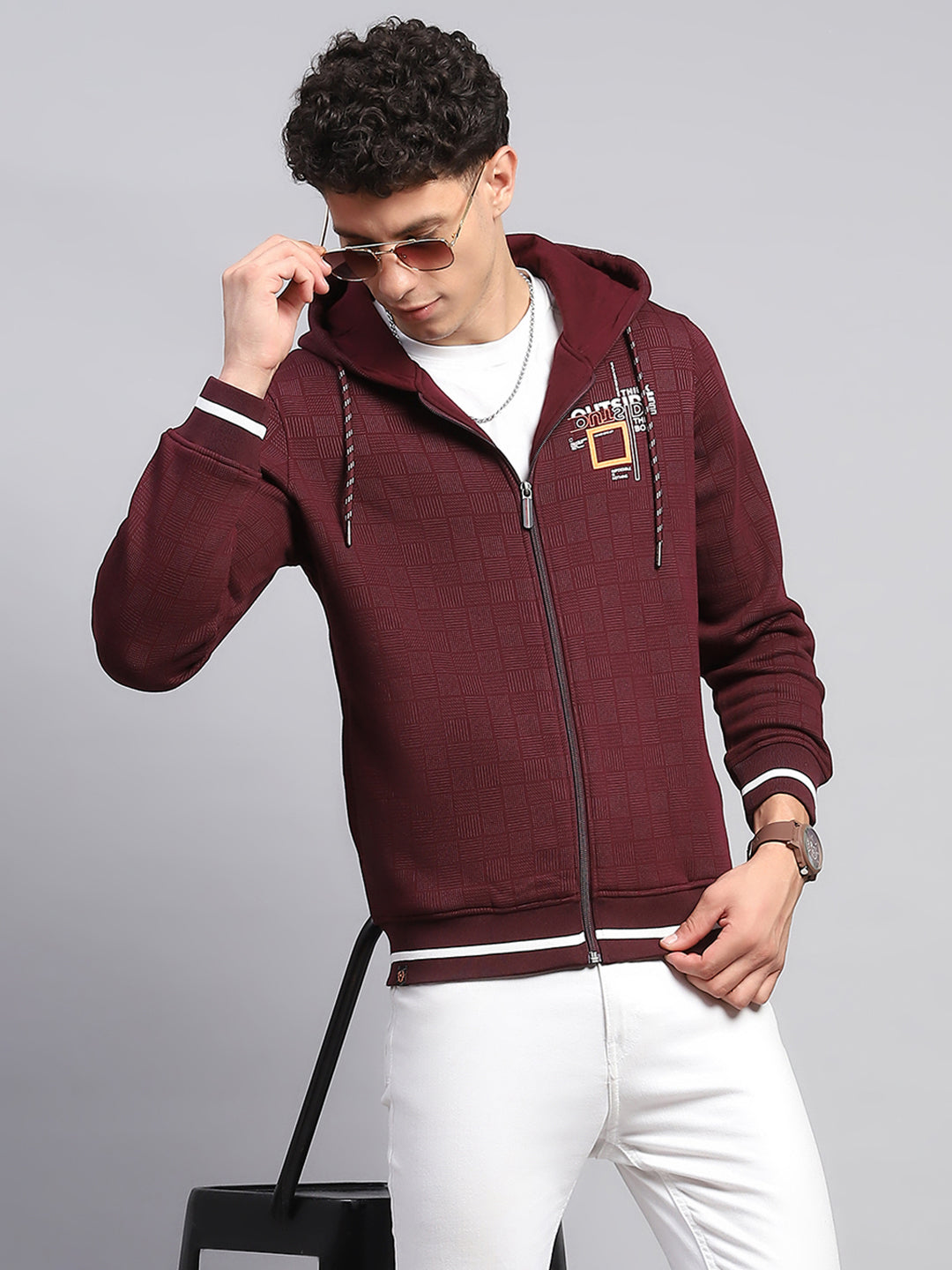 Men Maroon Printed Hooded Full Sleeve Sweatshirt