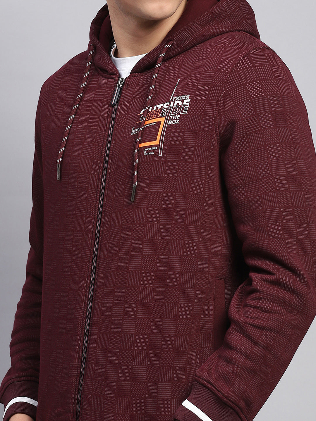 Men Maroon Printed Hooded Full Sleeve Sweatshirt