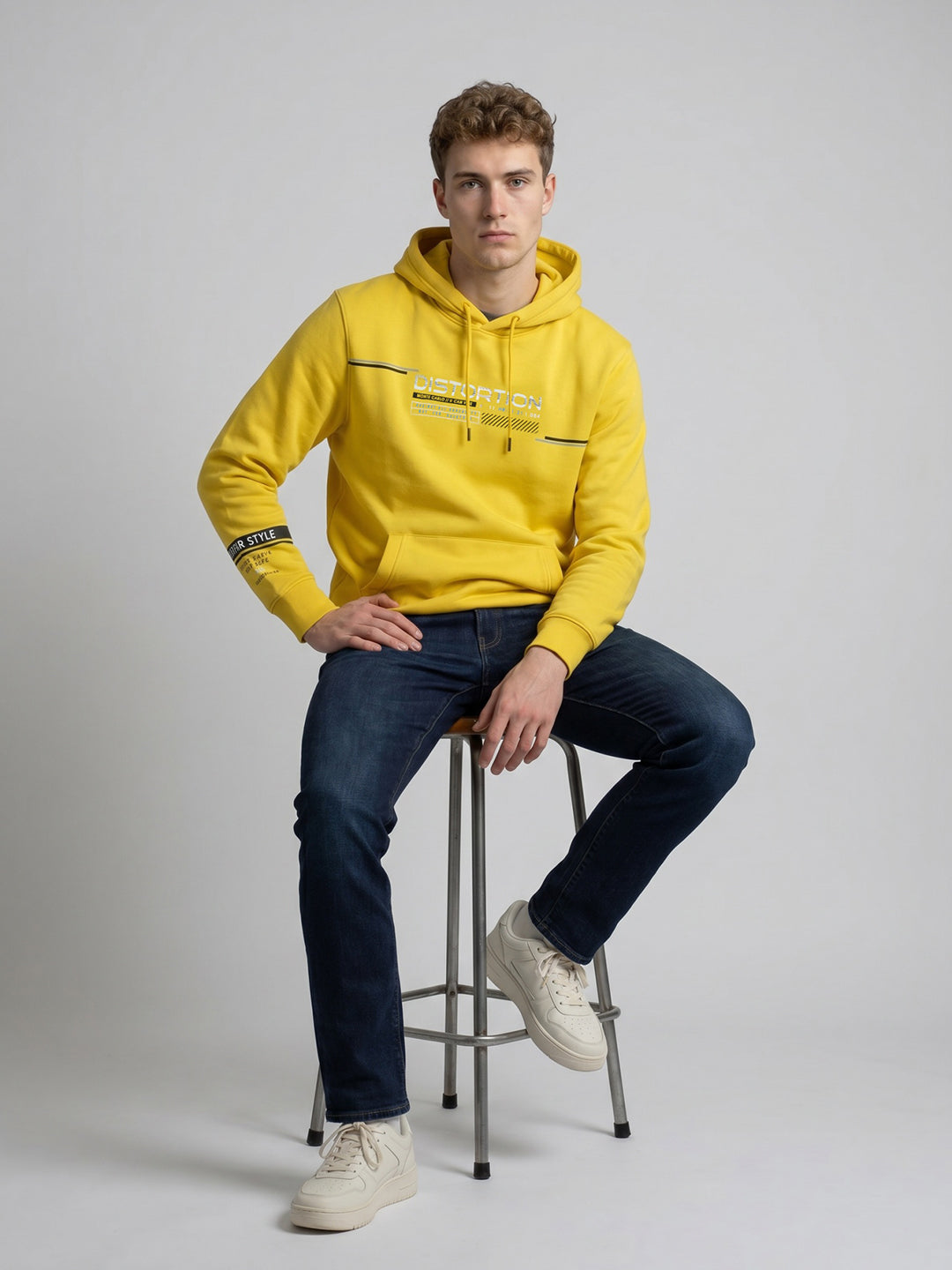 Men Yellow Printed Hooded Full Sleeve Sweatshirt