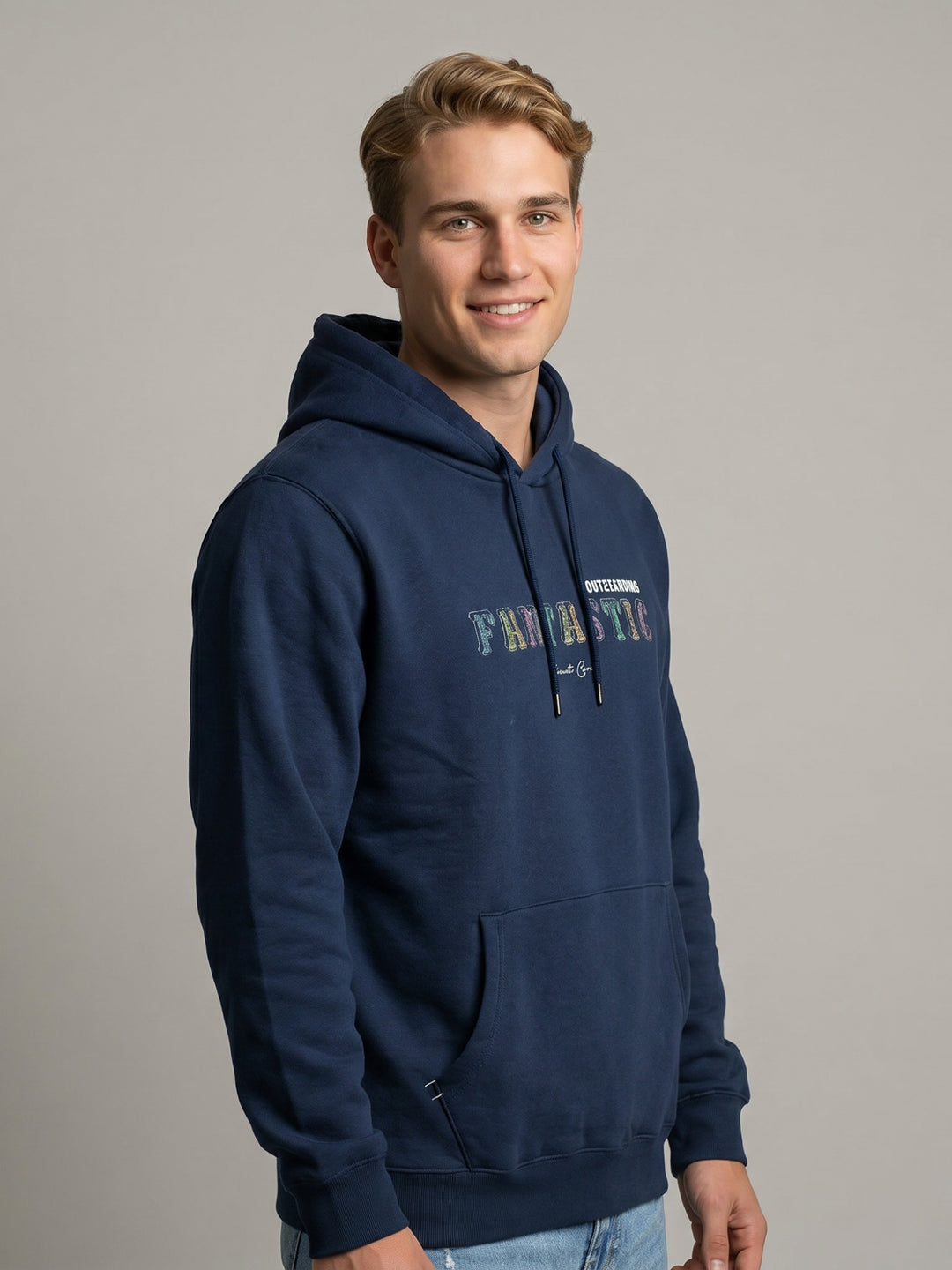 Men Blue Back Printed Hooded Full Sleeve Sweatshirt