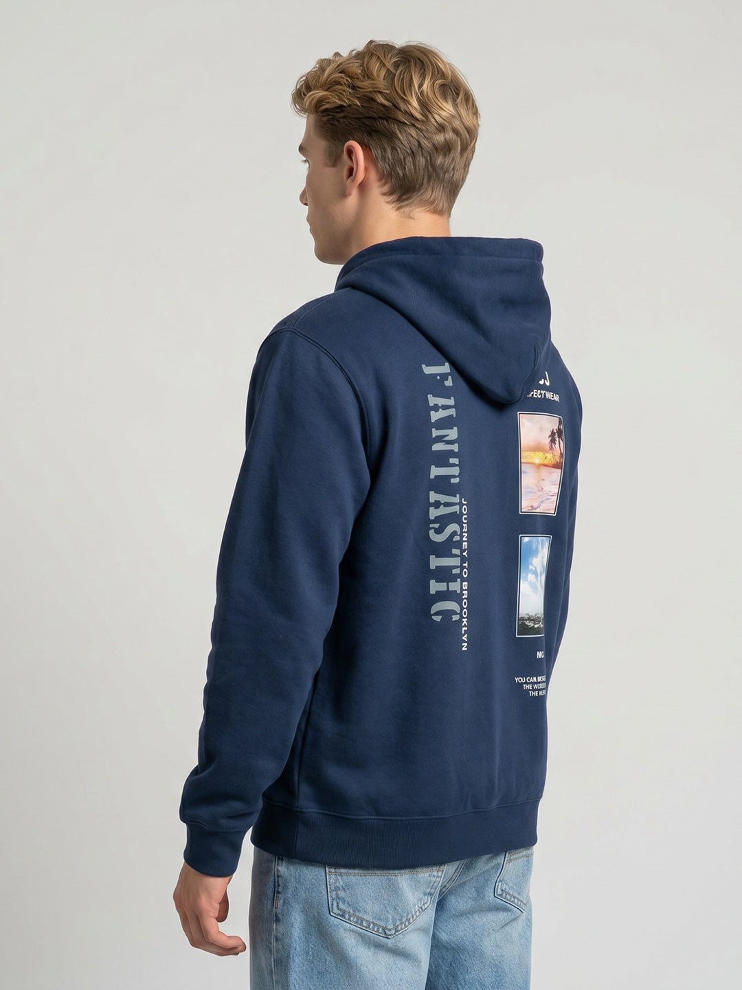Men Blue Back Printed Hooded Full Sleeve Sweatshirt