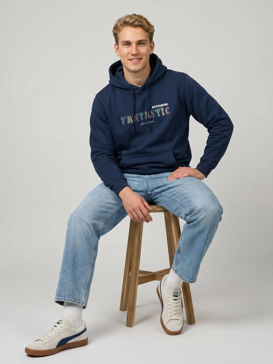 Men Blue Back Printed Hooded Full Sleeve Sweatshirt