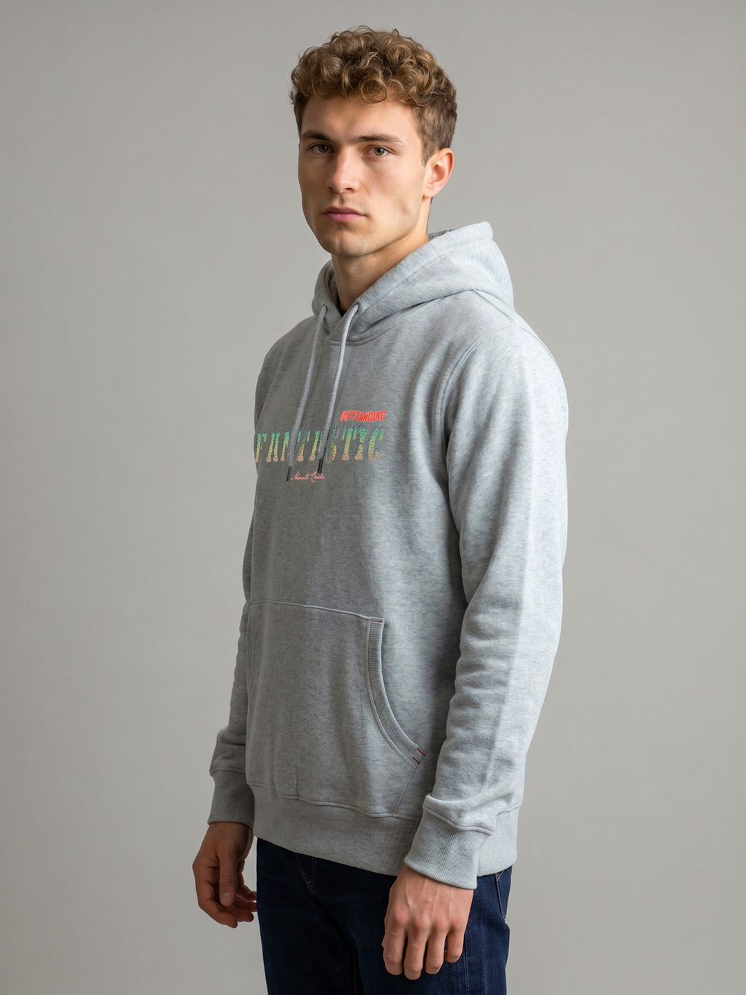 Men Grey Back Printed Hooded Full Sleeve Sweatshirt
