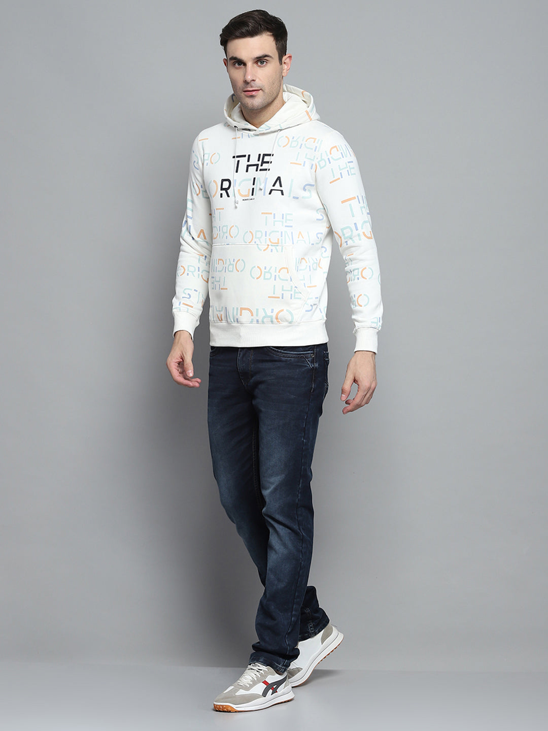 Men Off White Printed Hooded Full Sleeve Sweatshirt