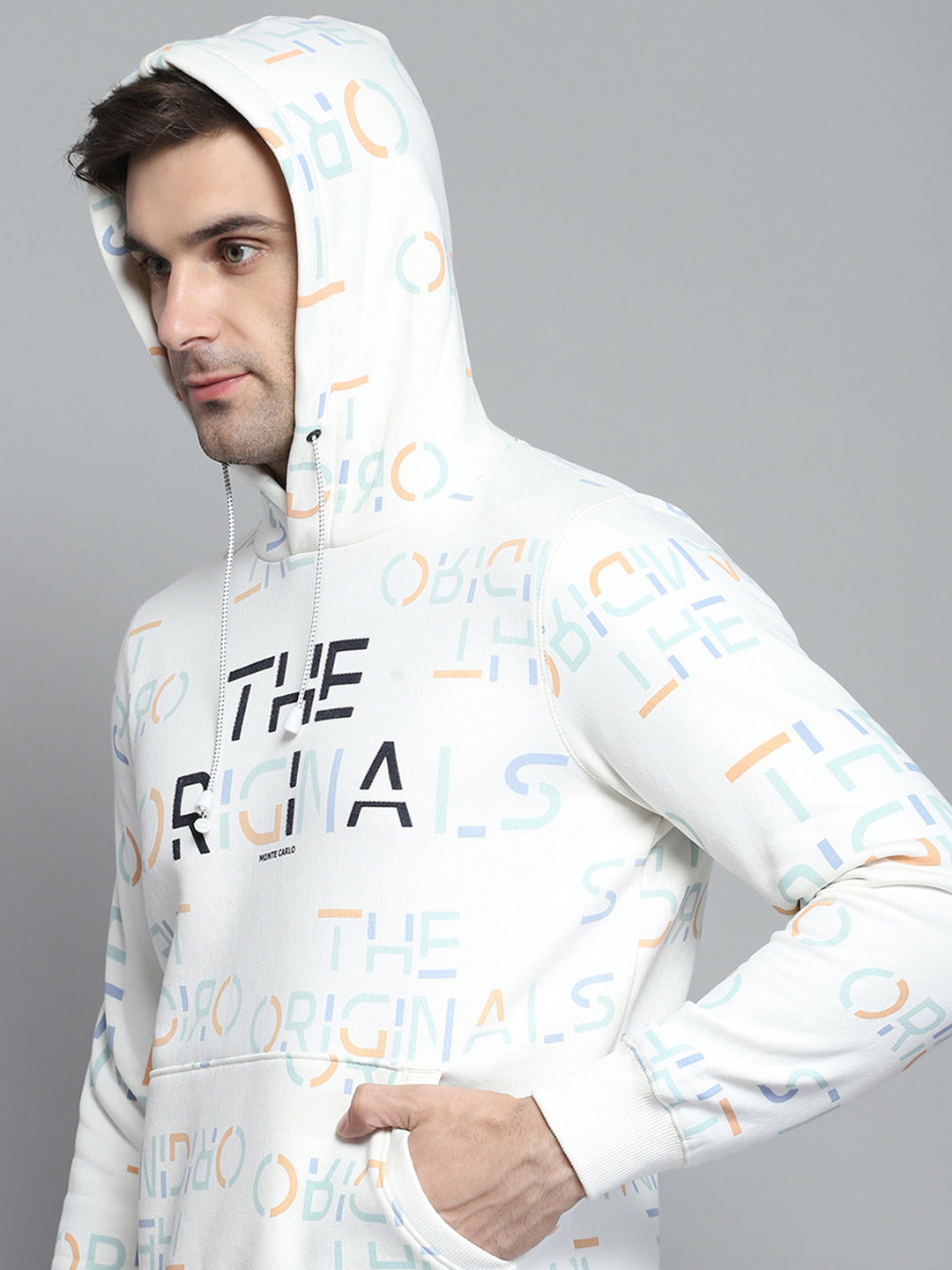 Men Off White Printed Hooded Full Sleeve Sweatshirt