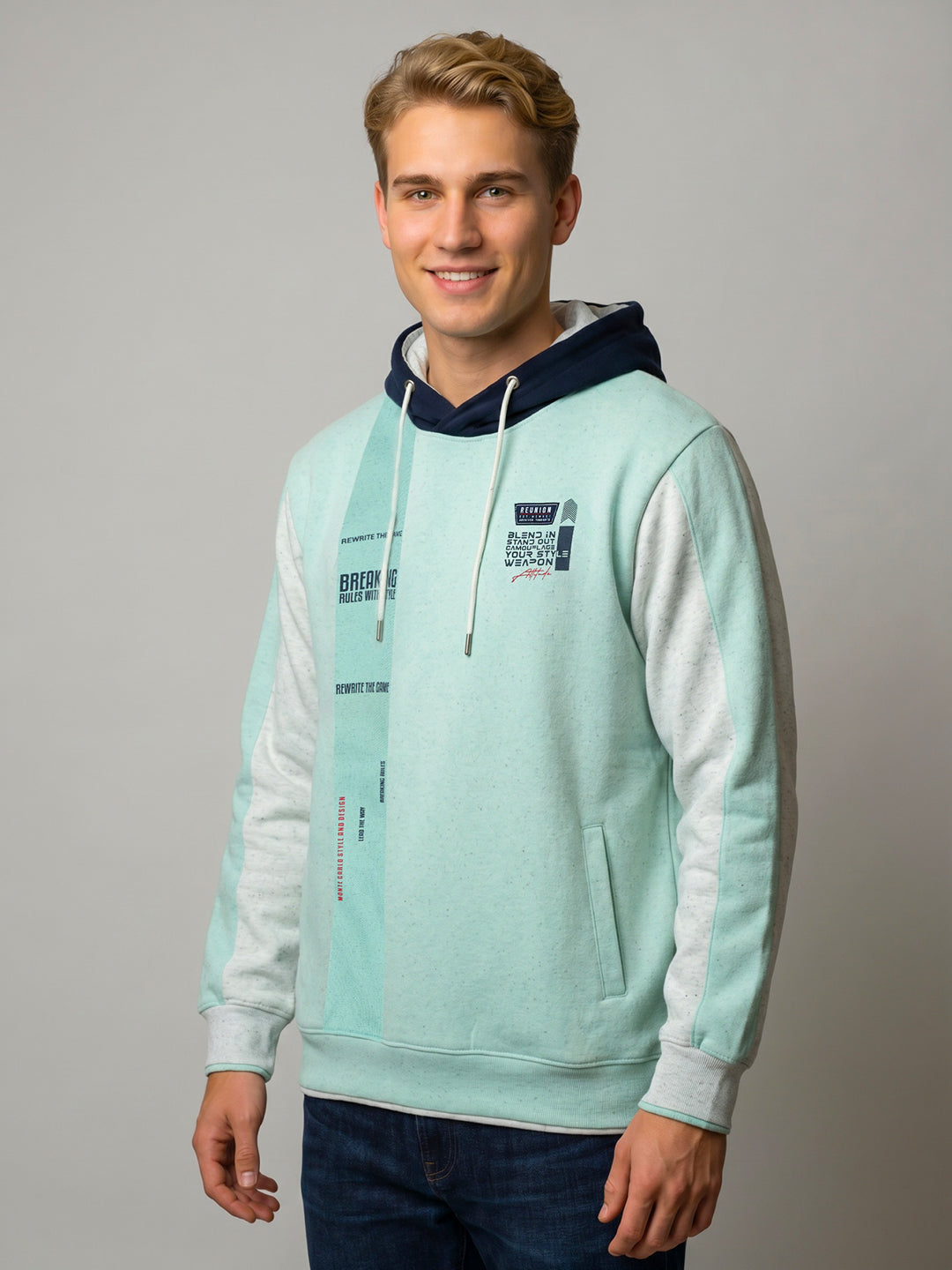 Men Green Printed Hooded Full Sleeve Sweatshirt