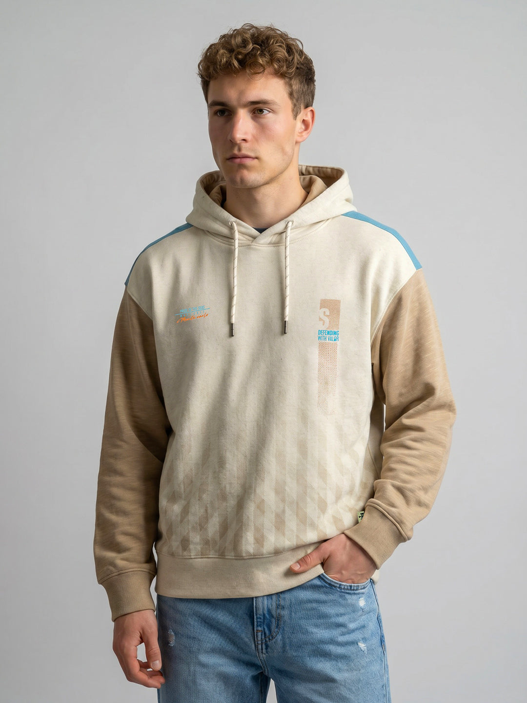 Men Beige Printed Hooded Full Sleeve Sweatshirt