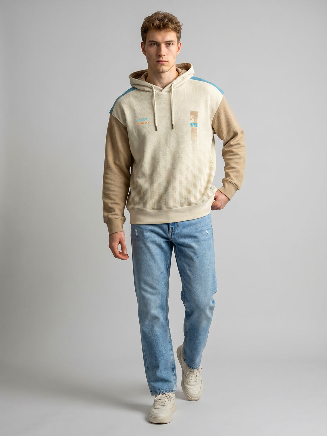 Men Beige Printed Hooded Full Sleeve Sweatshirt
