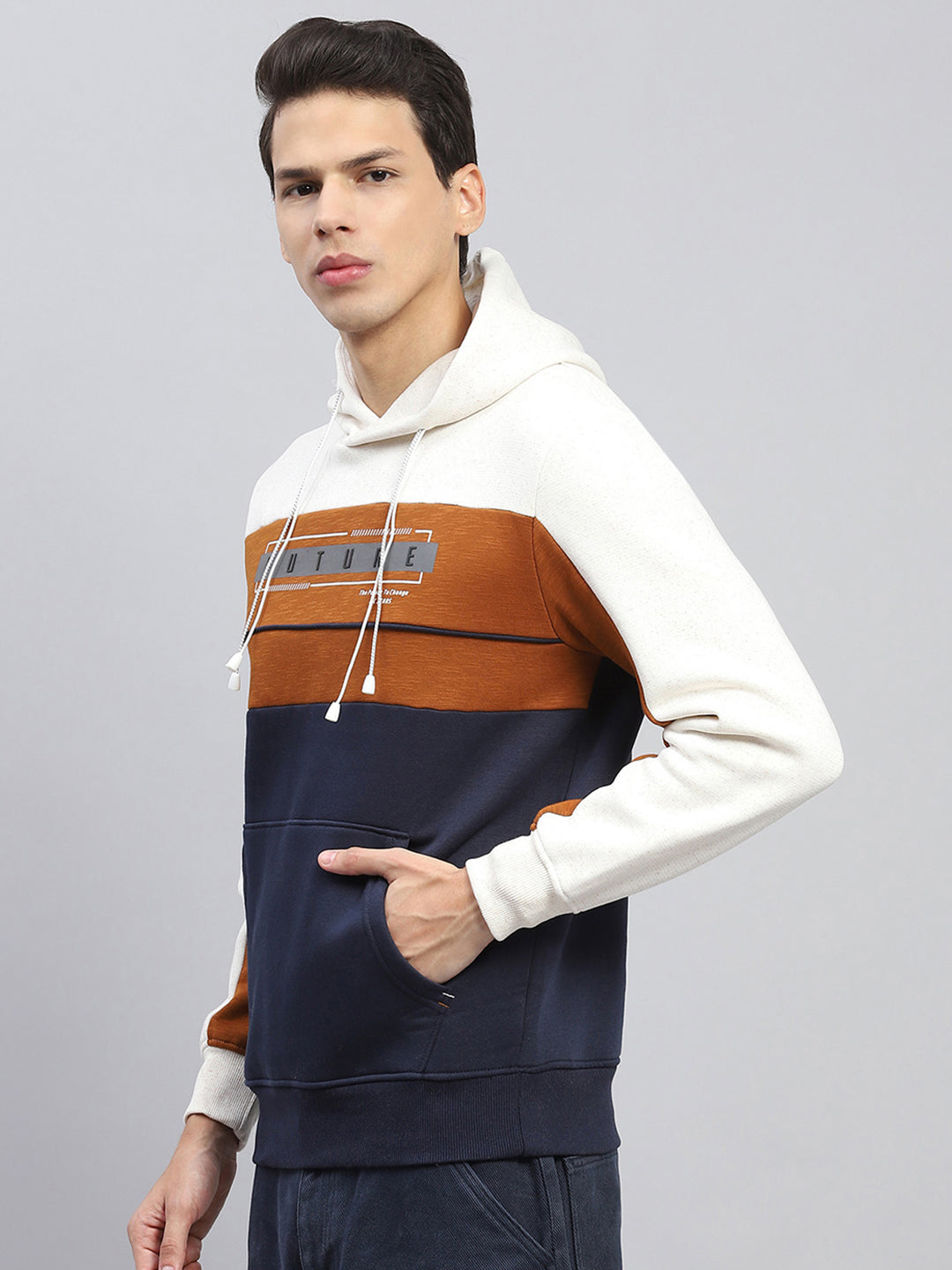 Men White & Rust Printed Hooded Full Sleeve Sweatshirt