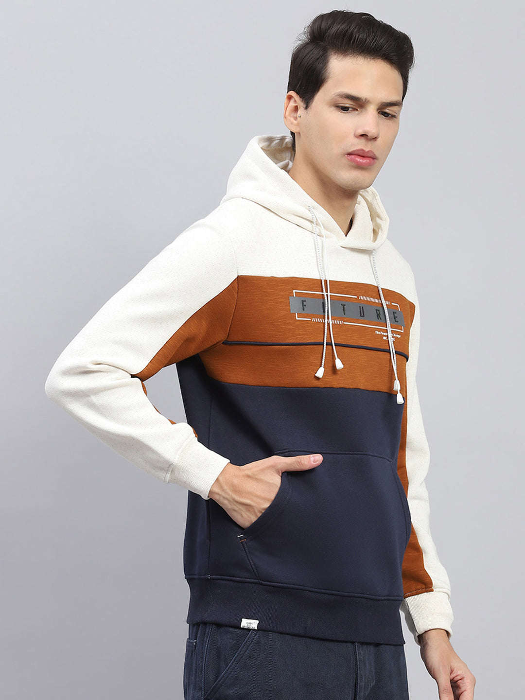 Men White & Rust Printed Hooded Full Sleeve Sweatshirt