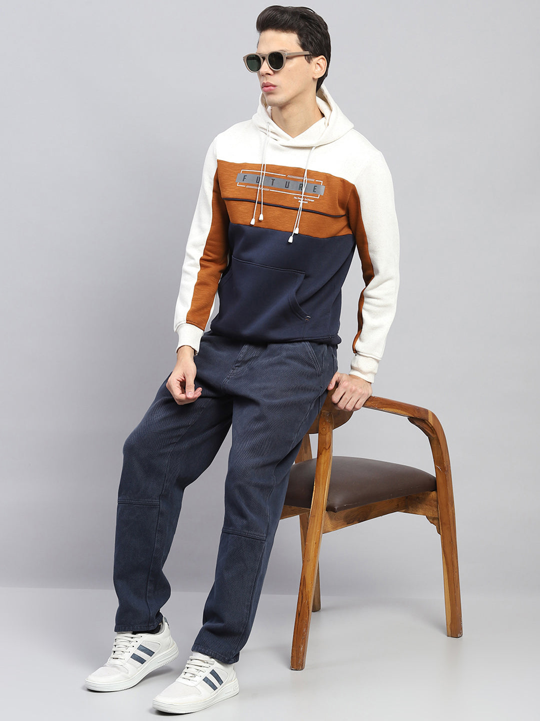 Men White & Rust Printed Hooded Full Sleeve Sweatshirt