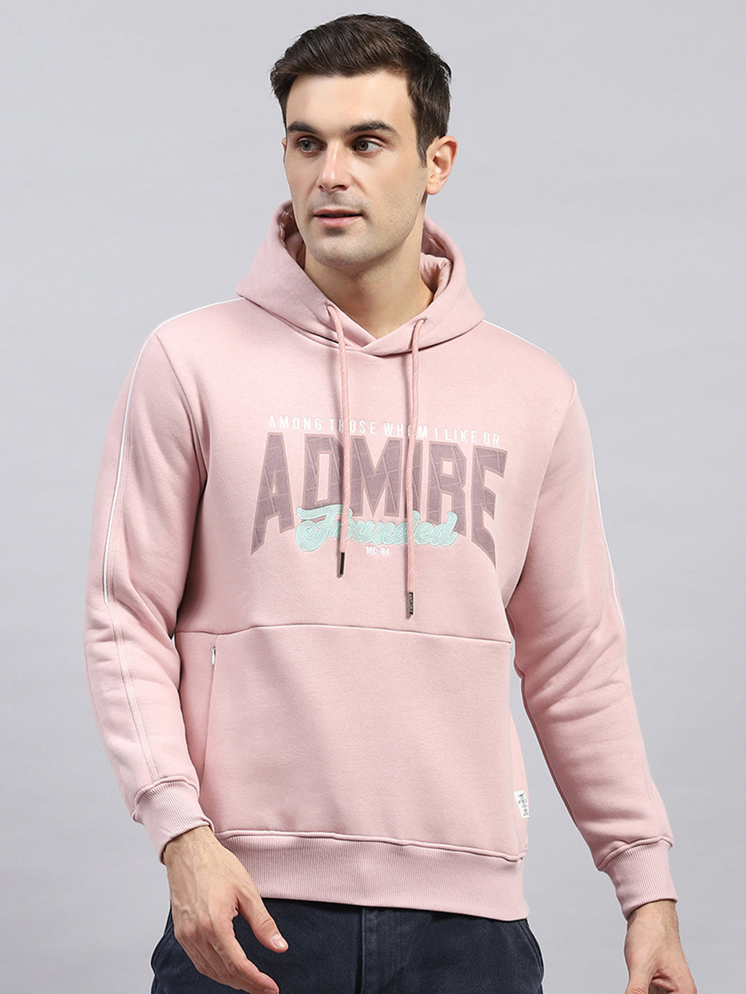 Men Pink Printed Hooded Full Sleeve Sweatshirt - Main Image