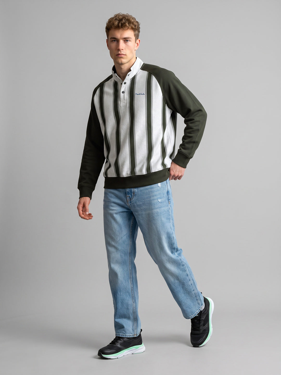 Men Olive Stripe Mandarin Collar Full Sleeve Sweatshirt