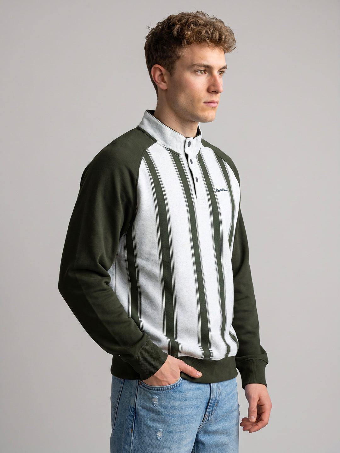 Men Olive Stripe Mandarin Collar Full Sleeve Sweatshirt