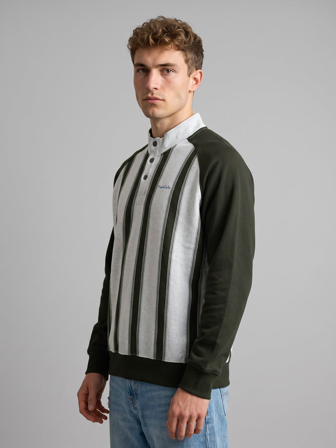 Men Olive Stripe Mandarin Collar Full Sleeve Sweatshirt
