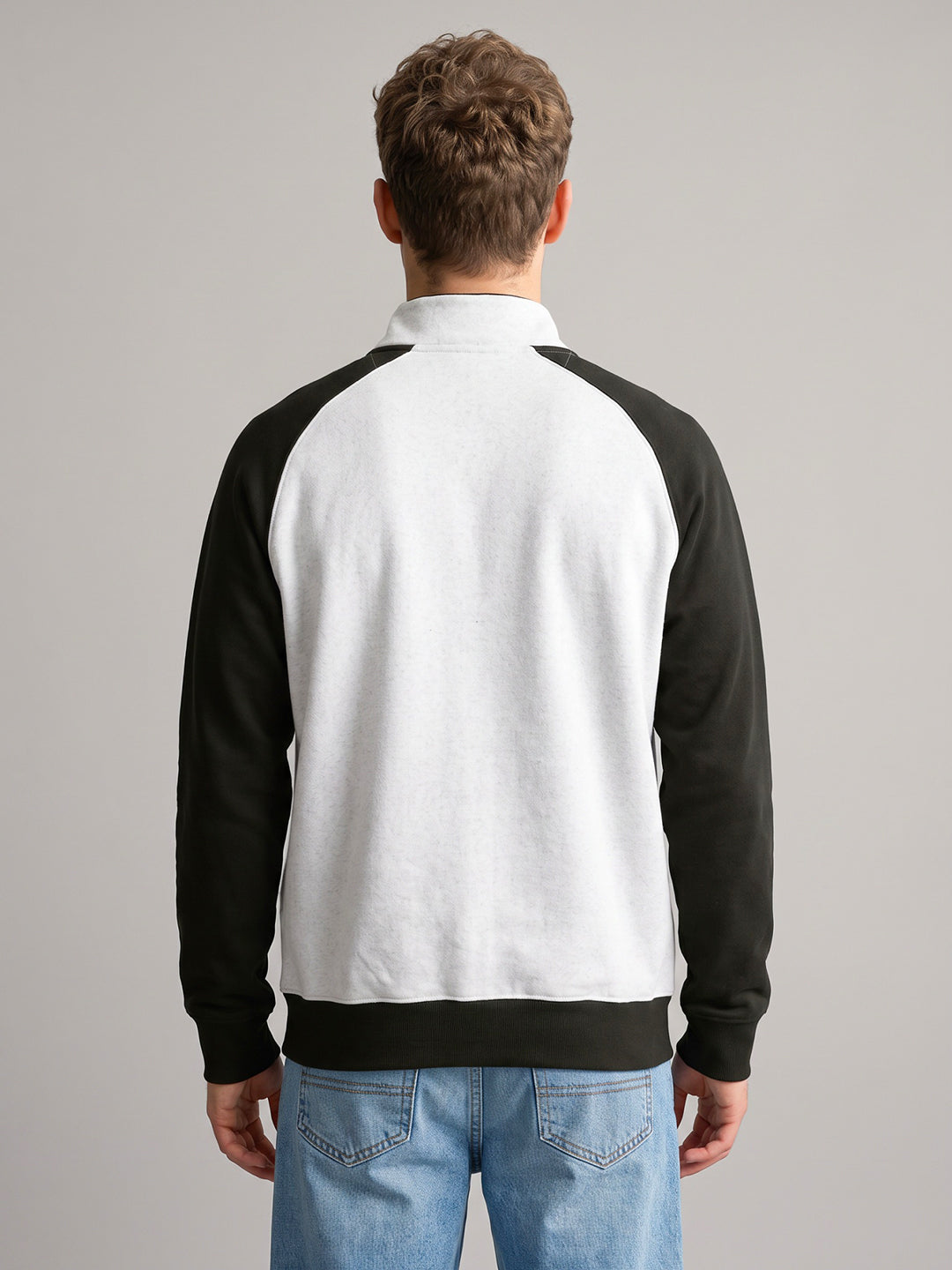 Men Olive Stripe Mandarin Collar Full Sleeve Sweatshirt