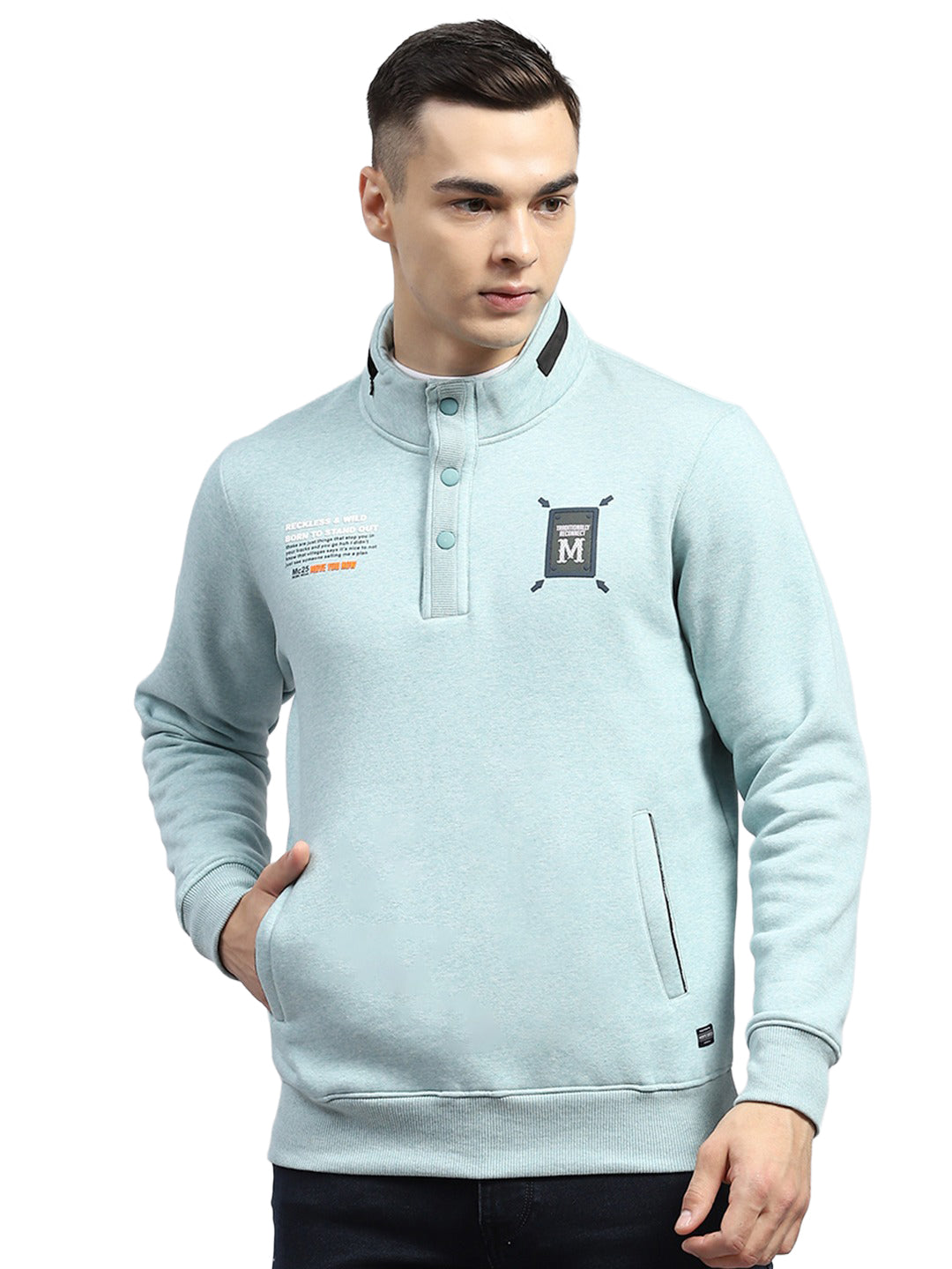 Men Blue Printed Mock Neck Full Sleeve Sweatshirt