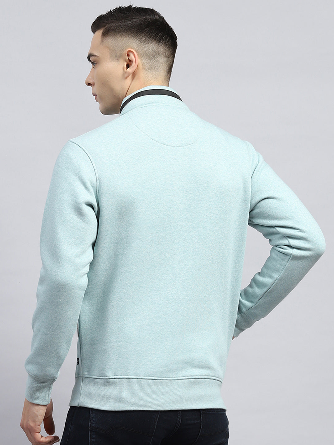 Men Blue Printed Mock Neck Full Sleeve Sweatshirt