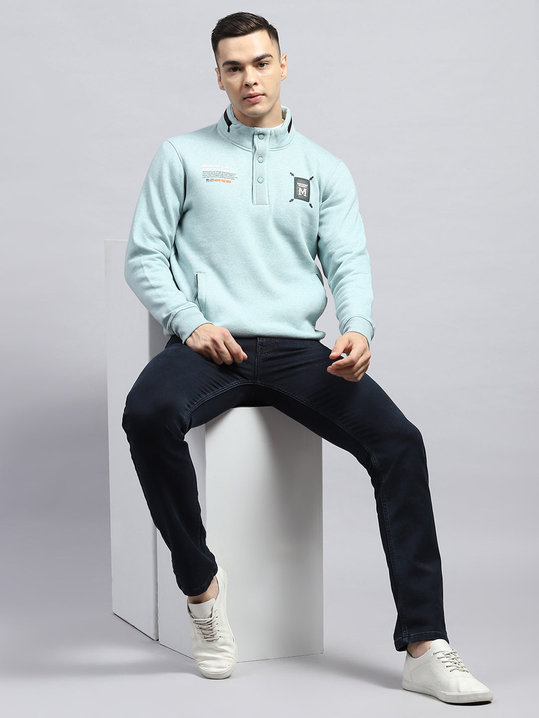 Men Blue Printed Mock Neck Full Sleeve Sweatshirt