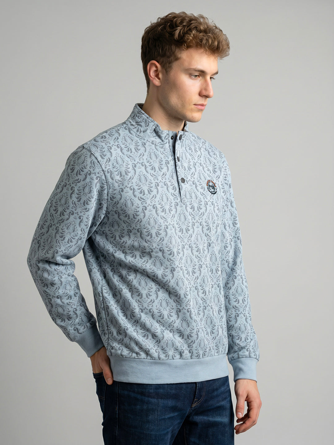 Men Blue Printed Collar Full Sleeve Sweatshirt
