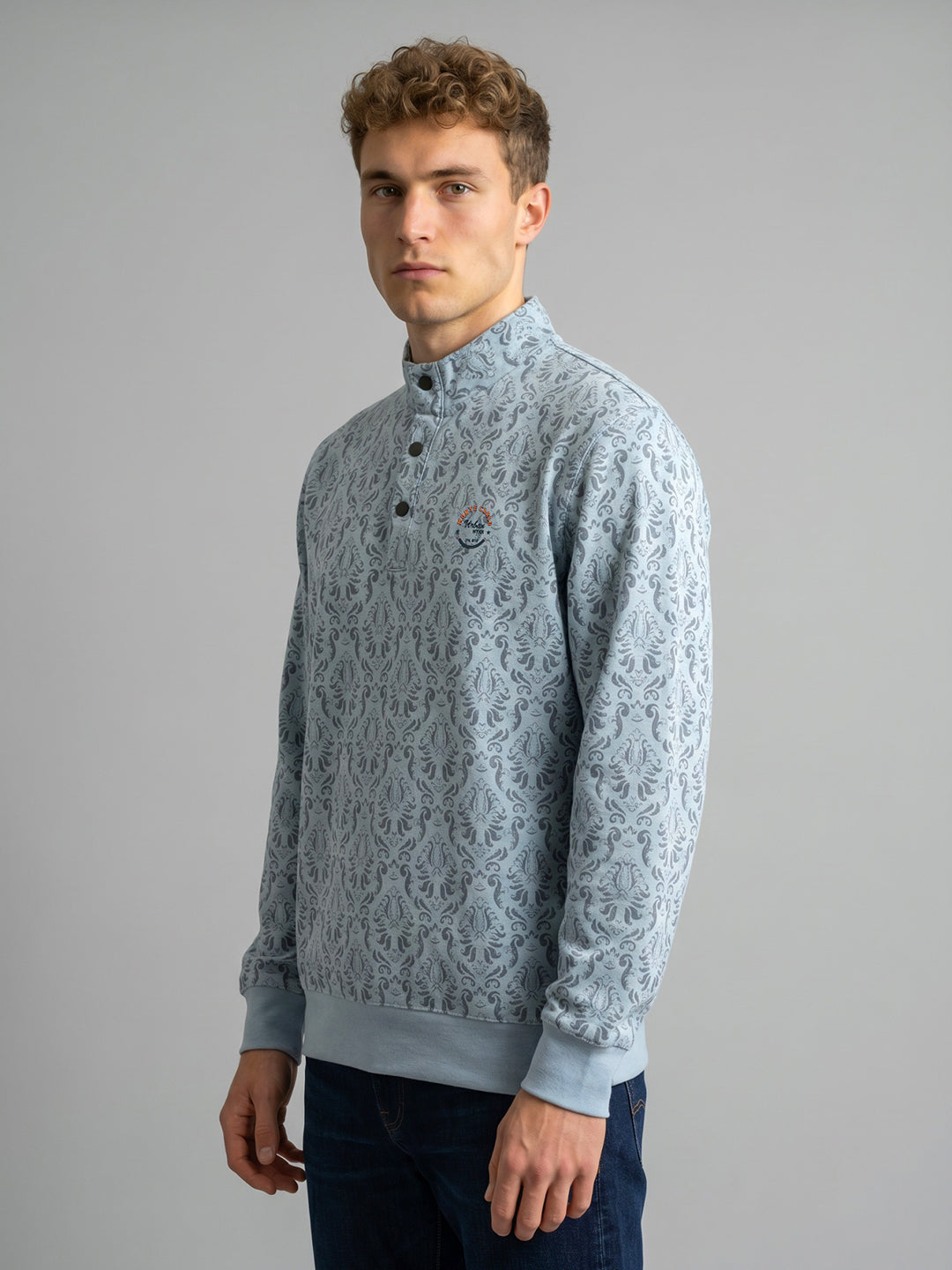 Men Blue Printed Collar Full Sleeve Sweatshirt