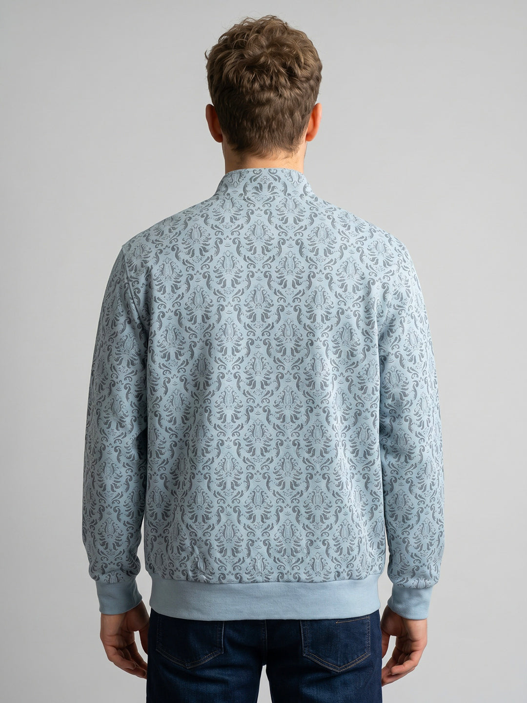 Men Blue Printed Collar Full Sleeve Sweatshirt